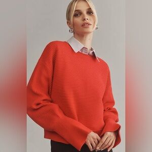 Maeve Bright Red Sweater Ribbed Ruffle Sleeve Size Small